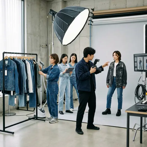 Tim fashion membuat lookbook denim jacket untuk katalog produk