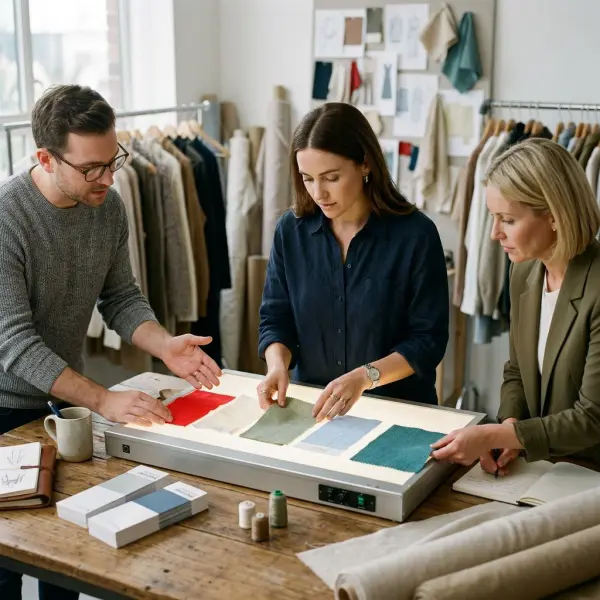 Fashion product development team reviewing lab dips and fabric swatches for color accuracy
