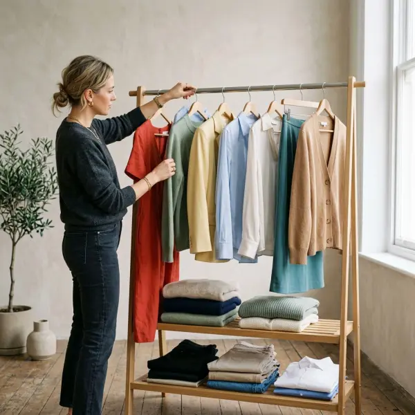 Everyday fashion styling with trending color accents and neutral wardrobe basics