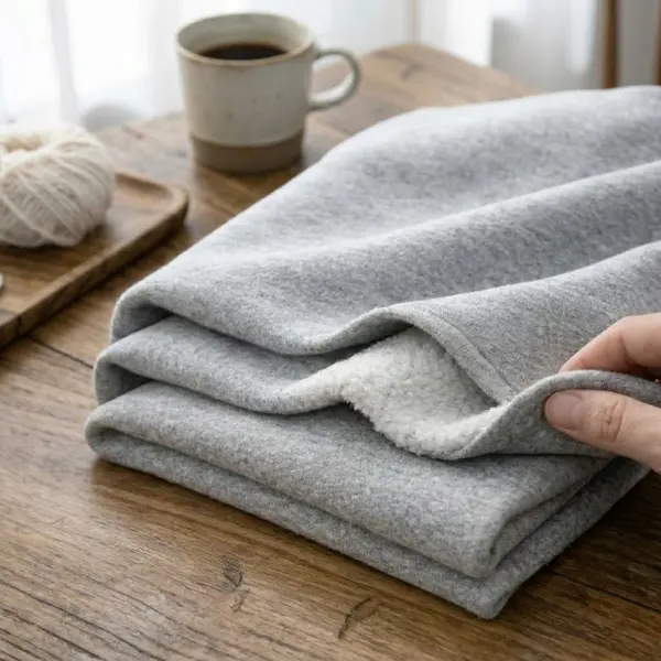 Close-up permukaan fleece dengan hasil brushing yang rapi Close-up permukaan fleece dengan hasil brushing yang rapi