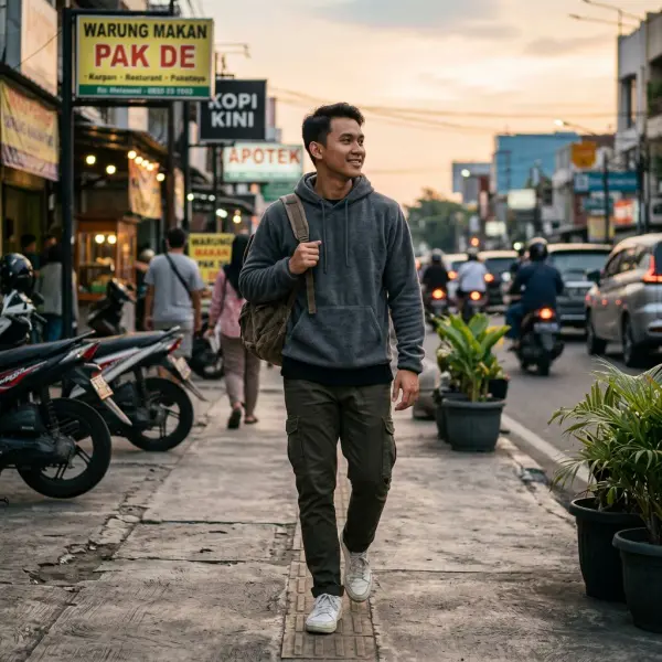Hoodie fleece digunakan pada sore hari di lingkungan perkotaan Indonesia Hoodie fleece digunakan pada sore hari di lingkungan perkotaan Indonesia
