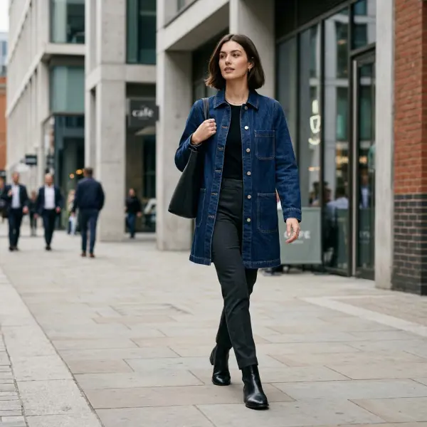 Longline denim jacket dengan potongan memanjang bergaya smart casual