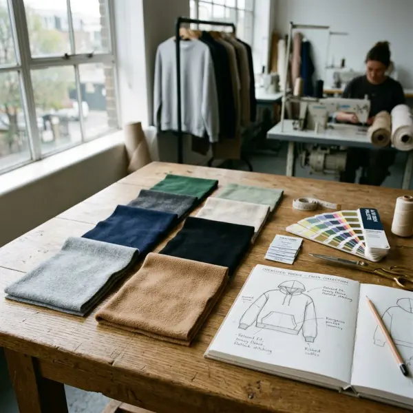 Berbagai sampel bahan fleece untuk pengembangan produk hoodie Berbagai sampel bahan fleece untuk pengembangan produk hoodie