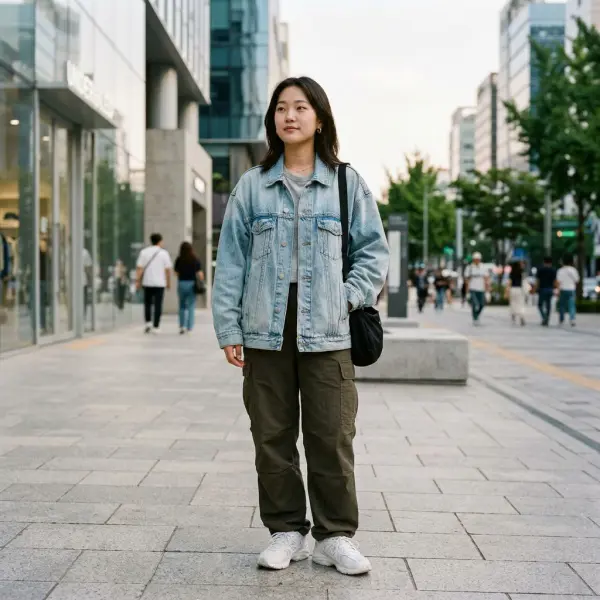 Oversized denim jacket bergaya streetwear dengan siluet longgar
