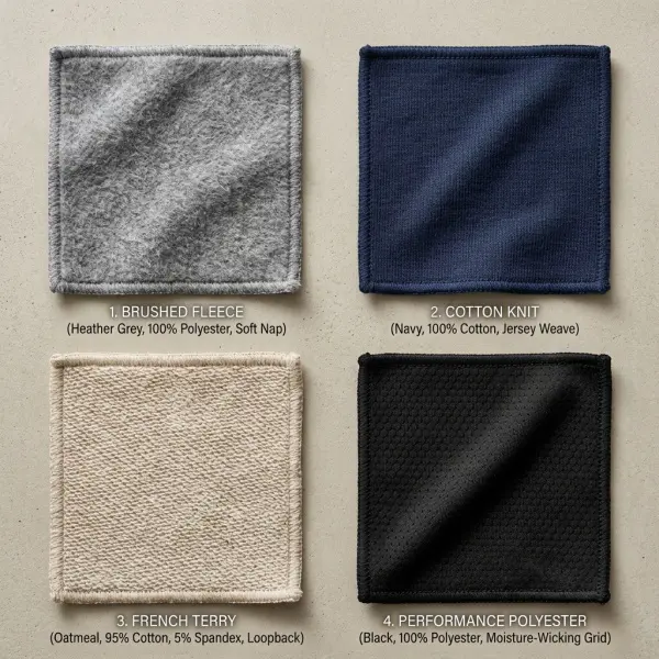 Empat contoh kain fleece, cotton, terry, dan polyester dengan tekstur berbeda