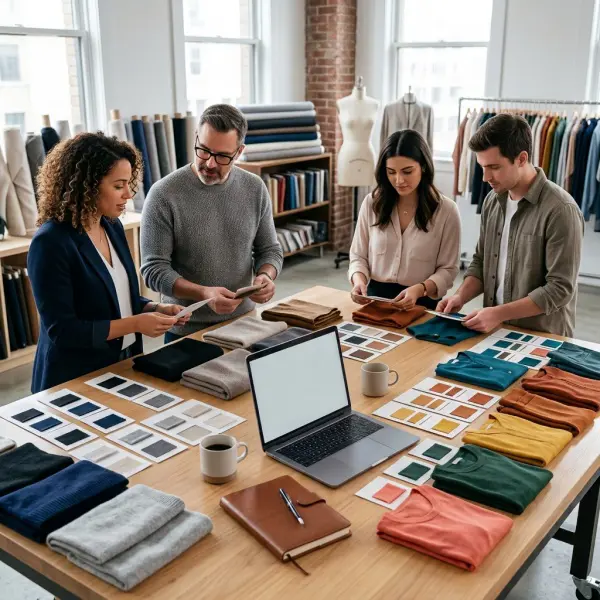 Fashion team reviewing seasonal color lab dips before buying decisions Fashion team reviewing seasonal color lab dips before buying decisions