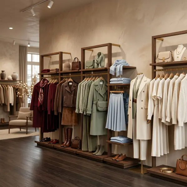 Fashion retail merchandising display organized by seasonal color palette Fashion retail merchandising display organized by seasonal color palette