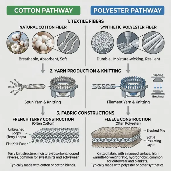 Diagram sederhana yang menjelaskan perbedaan antara jenis serat dan konstruksi kain