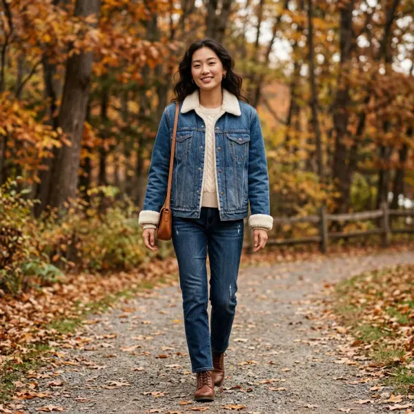 Sherpa denim jacket dengan lapisan bulu pada kerah dan bagian dalam