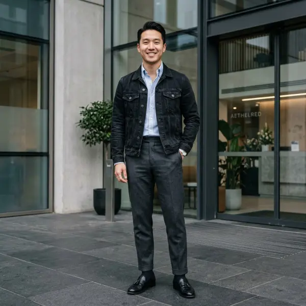 Pria mengenakan black denim jacket bergaya smart casual dengan kemeja Oxford, celana tailored, dan loafers kulit Pria mengenakan black denim jacket bergaya smart casual dengan kemeja Oxford, celana tailored, dan loafers kulit