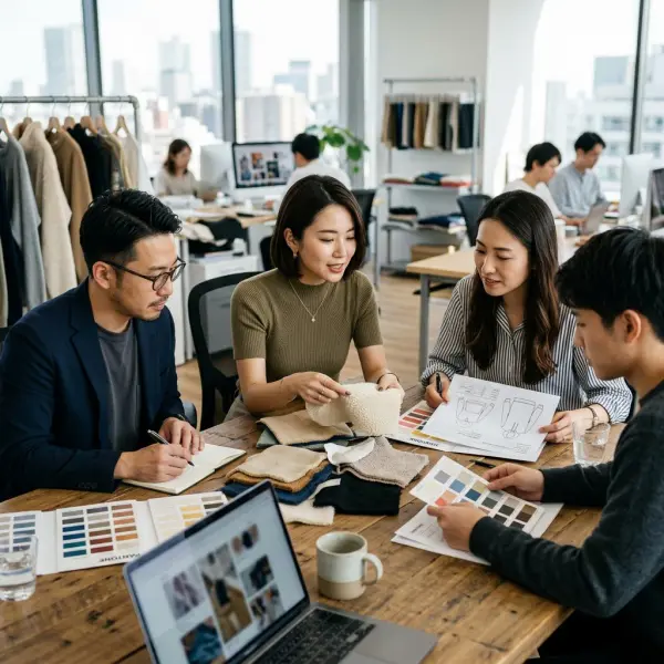 Tim sourcing fashion mendiskusikan pilihan bahan fleece untuk koleksi baru Tim sourcing fashion mendiskusikan pilihan bahan fleece untuk koleksi baru