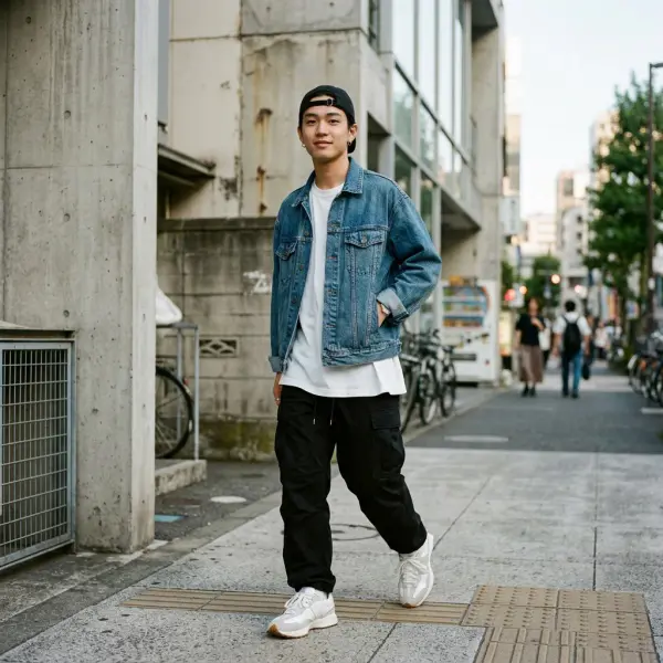 Pria mengenakan oversized denim jacket bergaya streetwear dengan oversized T-shirt, cargo pants, sneakers chunky, dan baseball cap Pria mengenakan oversized denim jacket bergaya streetwear dengan oversized T-shirt, cargo pants, sneakers chunky, dan baseball cap