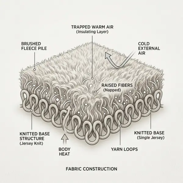 Diagram sederhana yang menunjukkan bagaimana struktur fleece membantu mempertahankan udara hangat Diagram sederhana yang menunjukkan bagaimana struktur fleece membantu mempertahankan udara hangat