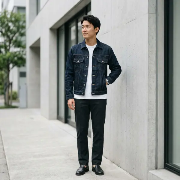 Trucker denim jacket klasik berwarna dark indigo dipadukan dengan outfit kasual