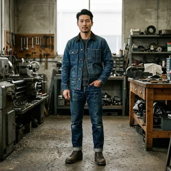 Workwear denim jacket dengan kantong utilitas dan konstruksi kokoh