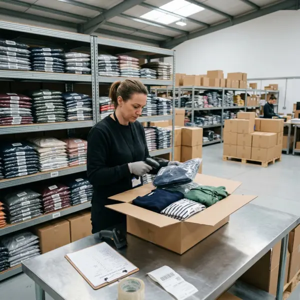 Apparel wholesale inventory boxes, folded garments, packing lists, and quality control checks before shipment Apparel wholesale inventory boxes, folded garments, packing lists, and quality control checks before shipment