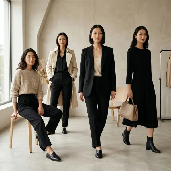 Black outfit combined with beige and cream tones creating a soft minimalist modern fashion look