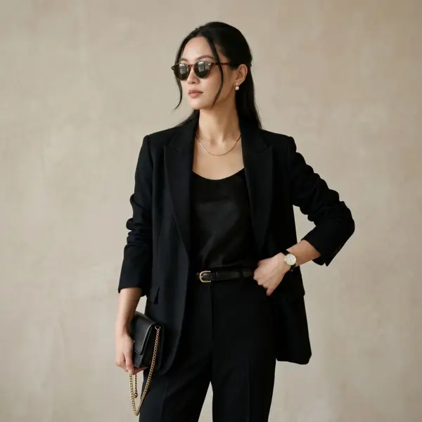 Black outfit styled with minimalist accessories such as gold necklace, pearl earrings, leather belt, watch, sunglasses