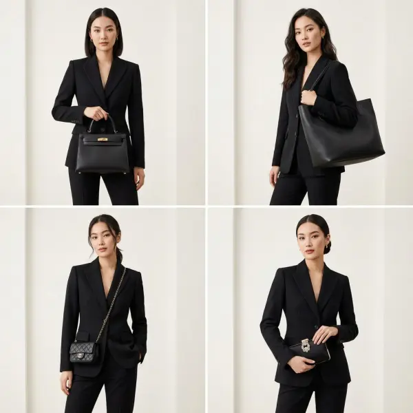 Black outfit styled with different bags such as structured handbag, tote bag, crossbody, and clutch