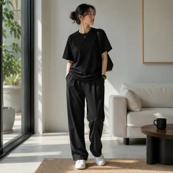Gaya baju hitam kasual untuk aktivitas sehari-hari dengan tampilan sederhana dan nyaman