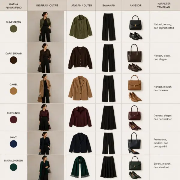 Fashion color palette table showing black outfits combined with olive green, dark brown, camel, burgundy, navy, and emerald green styling examples