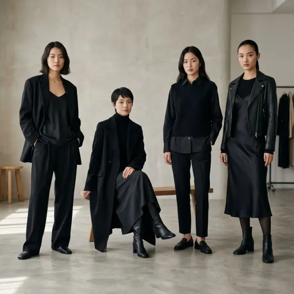 Black outfit layering combinations including blazer, turtleneck, coat, shirt, and vest in a minimal studio setup