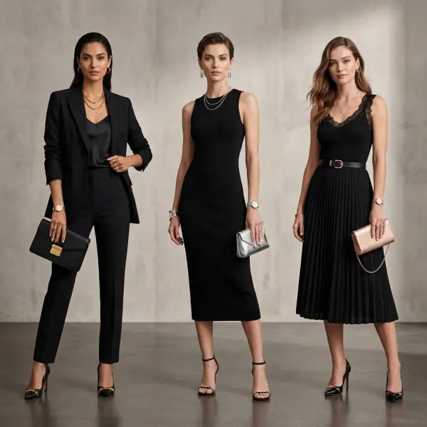 Black outfit styled with gold, silver, and rose gold metallic accessories creating a luxury fashion look