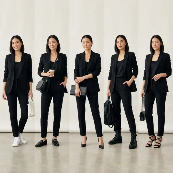 Black outfit paired with different shoes including sneakers, loafers, heels, boots, and sandals showing style differences