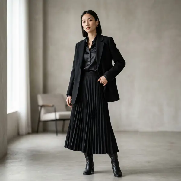 Black outfit styling showing contrast between wool blazer, satin blouse, and pleated skirt with different fabric textures