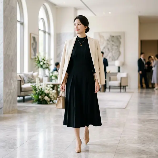 Gaya baju hitam elegan untuk menghadiri kondangan dengan sentuhan aksesori berwarna netral