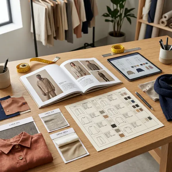 Buyer-ready fashion wholesale materials including line sheet, lookbook, fabric swatches, and sample garments Buyer-ready fashion wholesale materials including line sheet, lookbook, fabric swatches, and sample garments