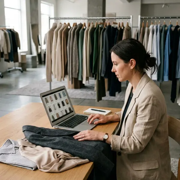 Retail buyer reviewing a digital fashion wholesale catalog with sample garments in a showroom Retail buyer reviewing a digital fashion wholesale catalog with sample garments in a showroom