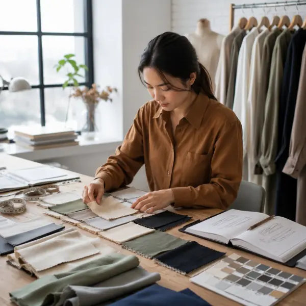 Desainer fashion mengevaluasi berbagai sampel kain sebelum menentukan material untuk koleksi pakaian