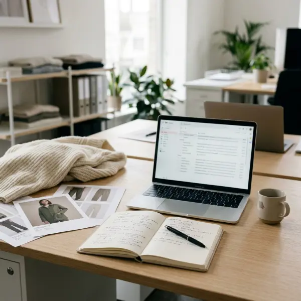 Fashion wholesale follow-up workspace with laptop, buyer notes, garment samples, and product images Fashion wholesale follow-up workspace with laptop, buyer notes, garment samples, and product images