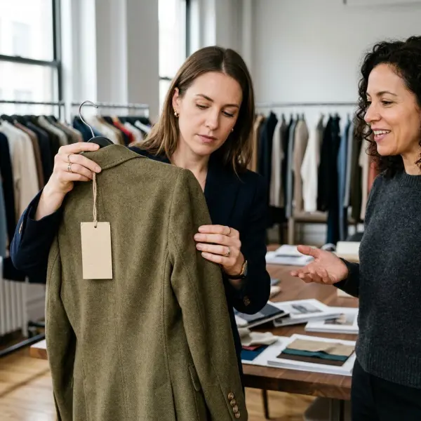 Retail buyer inspecting garment samples with a fashion brand representative during a wholesale appointment Retail buyer inspecting garment samples with a fashion brand representative during a wholesale appointment