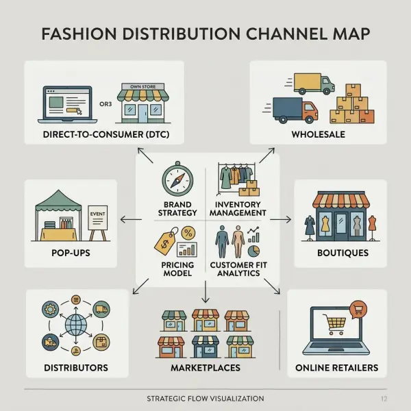 Fashion distribution channel map showing DTC, wholesale, boutiques, marketplaces, distributors, and pop-ups Fashion distribution channel map showing DTC, wholesale, boutiques, marketplaces, distributors, and pop-ups