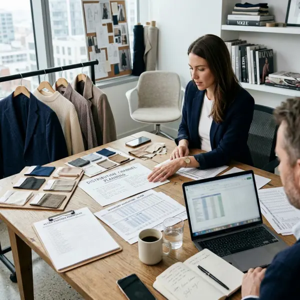 Fashion distribution planning table with product samples, channel notes, inventory sheets, and retail partner lists Fashion distribution planning table with product samples, channel notes, inventory sheets, and retail partner lists