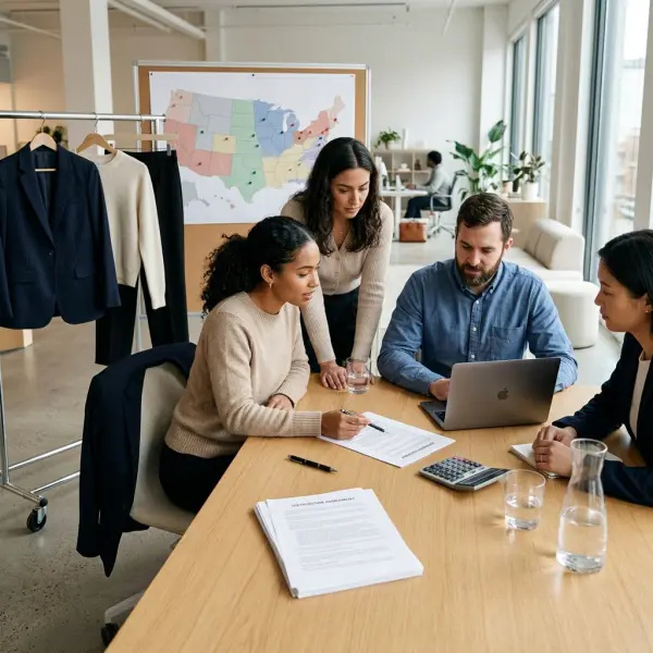 Fashion brand team reviewing distributor agreement, territory notes, and sample garments Fashion brand team reviewing distributor agreement, territory notes, and sample garments