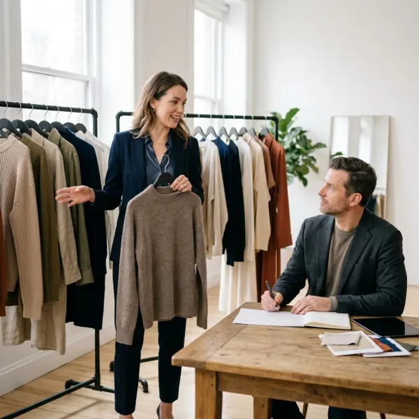 Fashion brand founder presenting a clothing collection to a retail buyer in a professional showroom Fashion brand founder presenting a clothing collection to a retail buyer in a professional showroom
