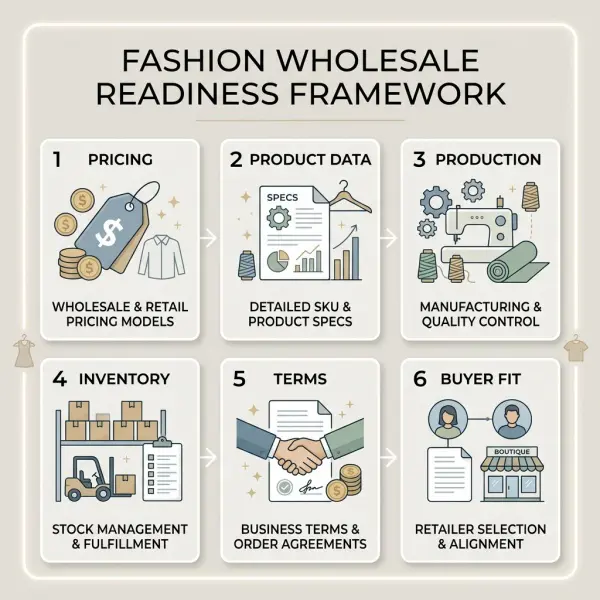 Simple fashion wholesale readiness framework showing pricing, product data, production, inventory, terms, and buyer fit Simple fashion wholesale readiness framework showing pricing, product data, production, inventory, terms, and buyer fit