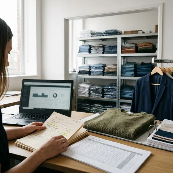 Fashion wholesale reorder planning with sales notes, garment samples, and inventory review Fashion wholesale reorder planning with sales notes, garment samples, and inventory review