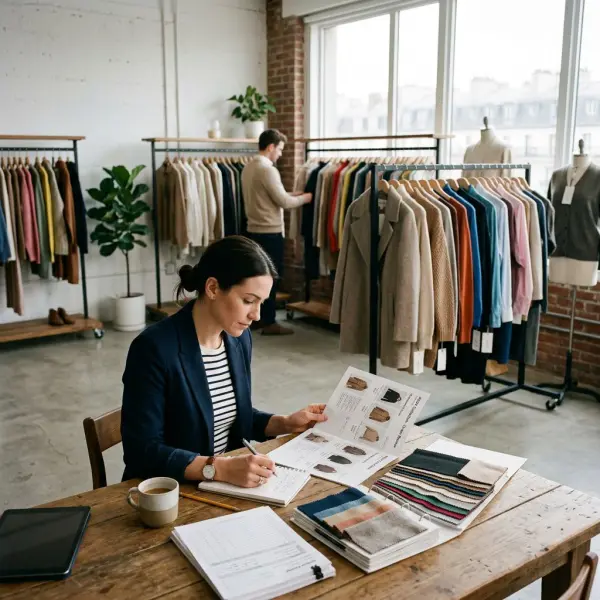 Fashion wholesale showroom with clothing racks, sample garments, line sheets, and a buyer reviewing a collection Fashion wholesale showroom with clothing racks, sample garments, line sheets, and a buyer reviewing a collection