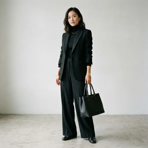 Contoh layering outfit hitam modern menggunakan berbagai tekstur material