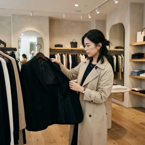 Memeriksa kualitas baju hitam sebelum membeli