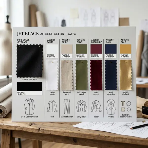 Penyusunan palet warna koleksi fashion dengan warna hitam sebagai dasar