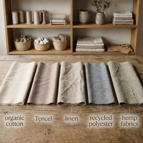 Lima jenis material fashion ramah lingkungan ditampilkan berdampingan untuk dibandingkan Lima jenis material fashion ramah lingkungan ditampilkan berdampingan untuk dibandingkan