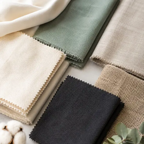 Berbagai sampel kain berkelanjutan seperti katun organik, Tencel, linen, hemp, dan poliester daur ulang untuk berbagai jenis pakaian