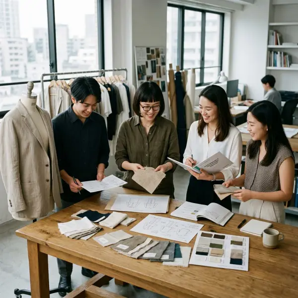 Tim fashion melakukan diskusi pemilihan material berkelanjutan untuk pengembangan koleksi baru Tim fashion melakukan diskusi pemilihan material berkelanjutan untuk pengembangan koleksi baru