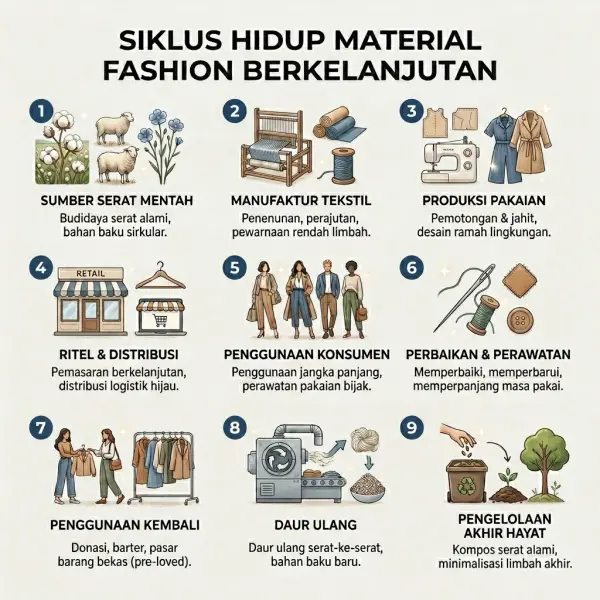 Ilustrasi rantai pasok material fashion berkelanjutan dari bahan baku hingga produk jadi