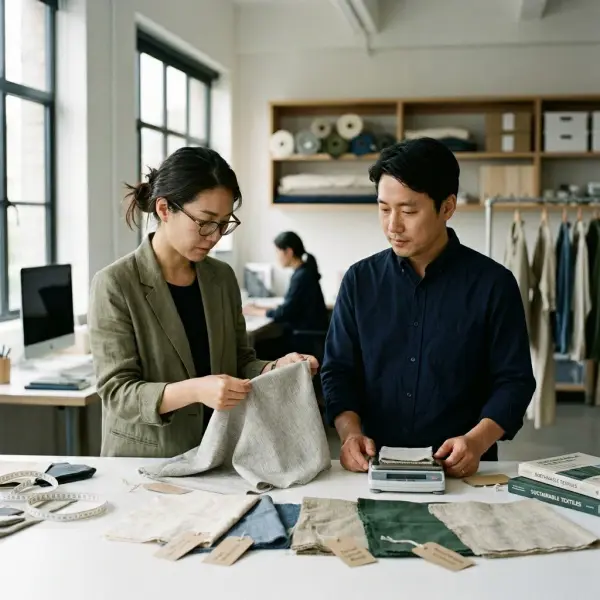 Tim pengembangan produk menguji berbagai material fashion berkelanjutan sebelum produksi